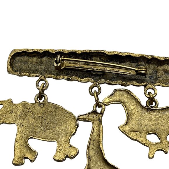 Safari Animal Pin Bar Brooch Vintage Gold Tone Dangling Elephant Giraffe Zebra - Picture 8 of 16